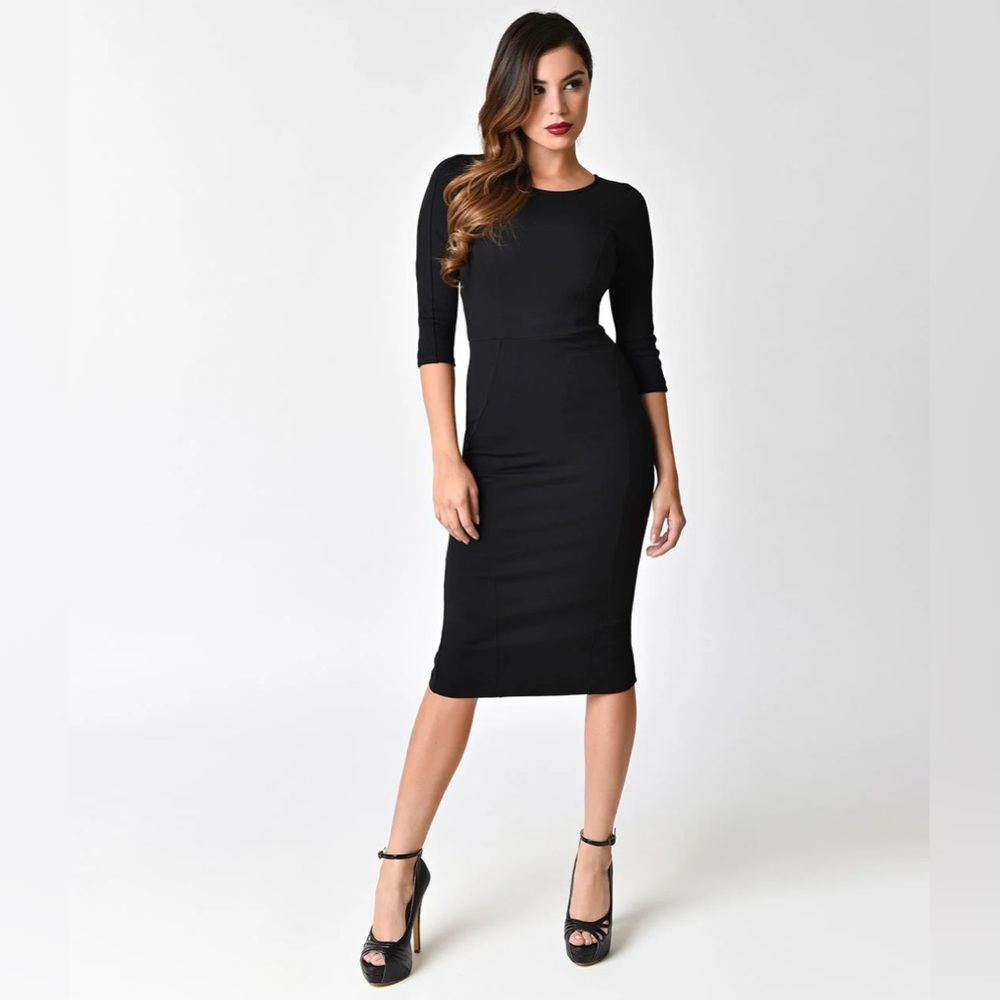 Unique Vintage Black Mod Wiggle Dress NWOT Size Large - Picture 3 of 14